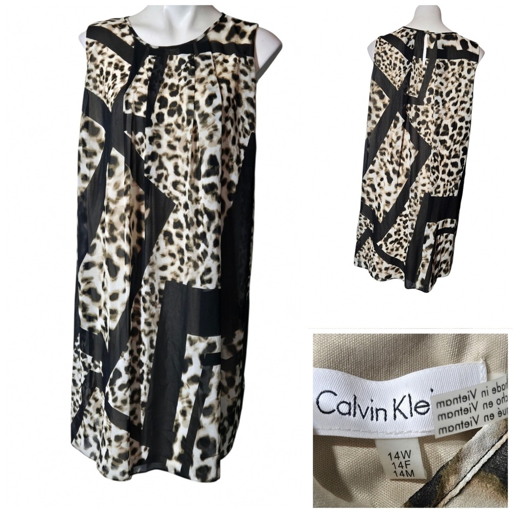 Calvin Klein Womens Leopard Print Sleeveless Shift Dress Brown Tan 14W W7FBZ938